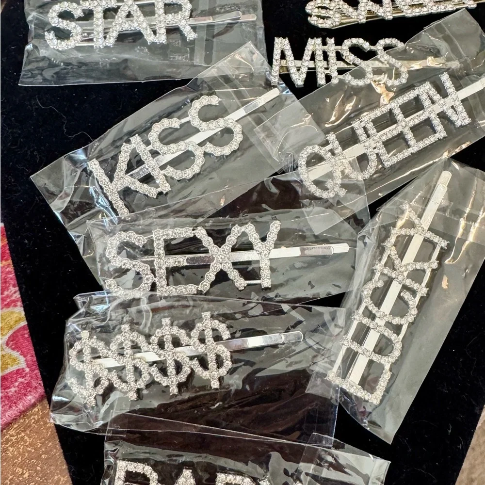 Set of 10 Silver Rhinestone Hair pins sexy queen miss boss sweet baby Lucky